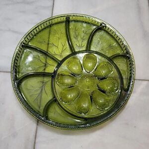 Vintage Indiana Divided Serving Platter Green Glass Relish Plate